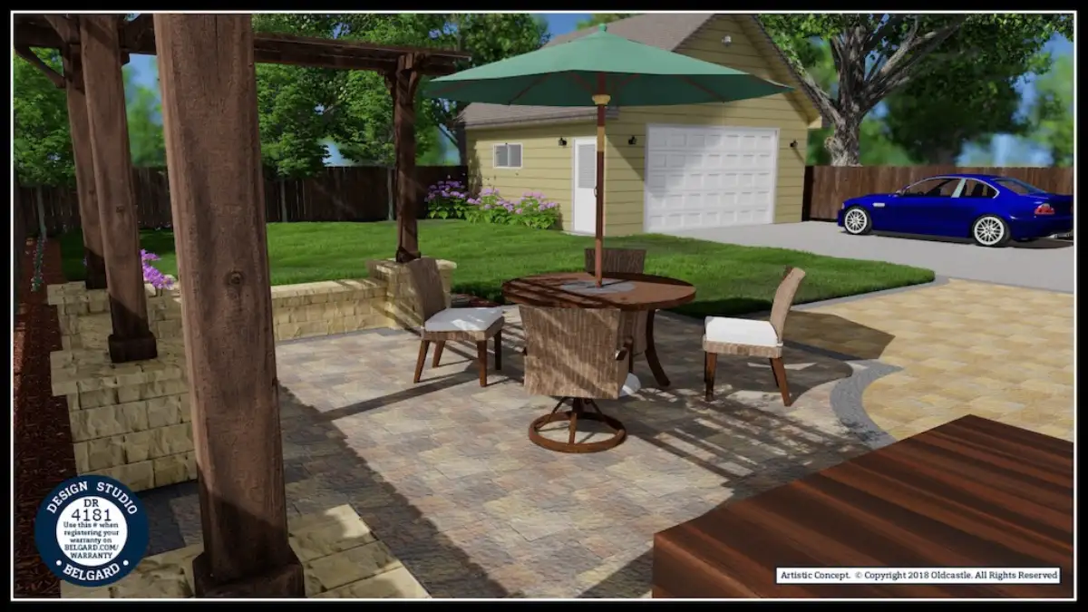 Belgard Design Studio 3D rendering — outdoor dining patio with pergola
