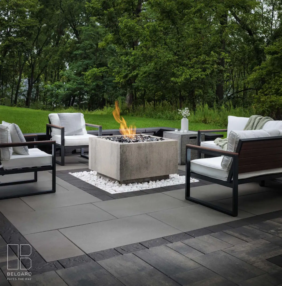 Custom outdoor fire feature on paver patio in Minnetonka MN