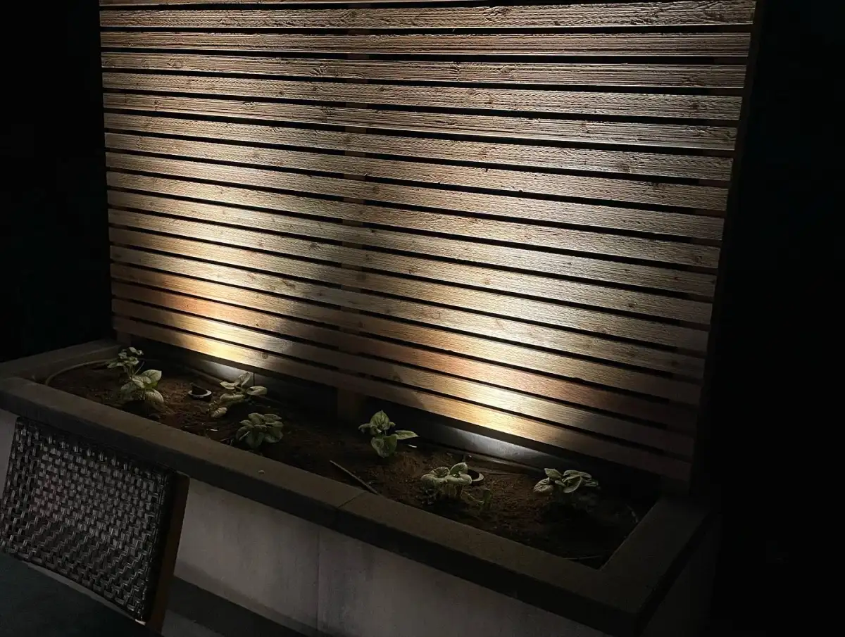 Low voltage LED uplighting on trees and retaining wall in Minnetonka