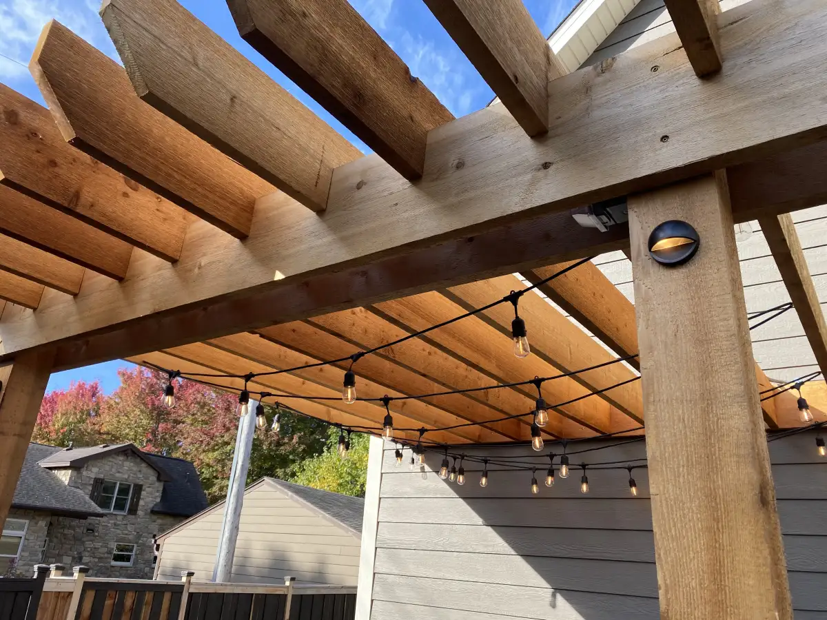 Landscape lighting design showcasing patio and garden at night