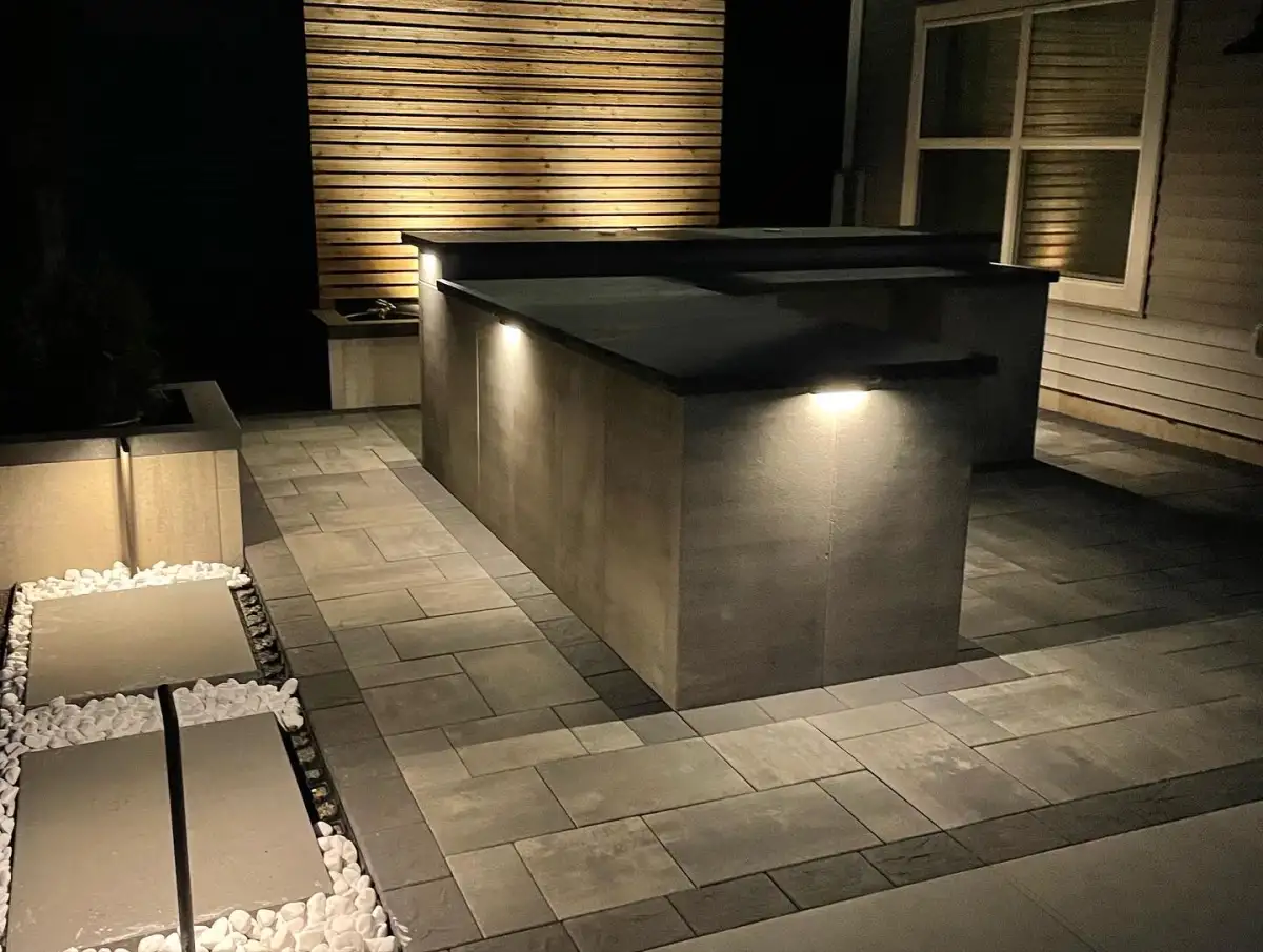 Professional landscape lighting illuminating paver walkway and plantings