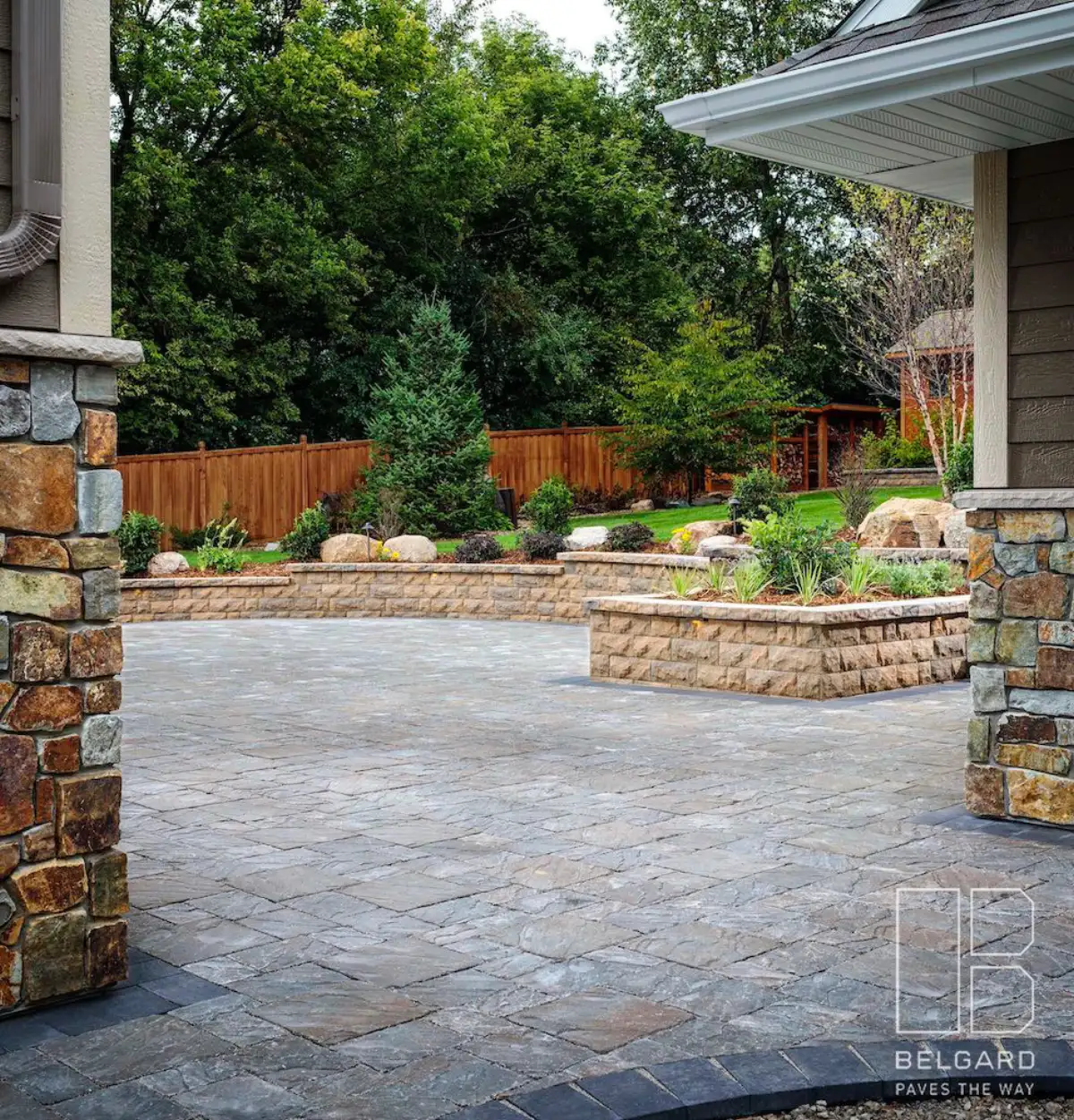 Large paver patio with fire pit area