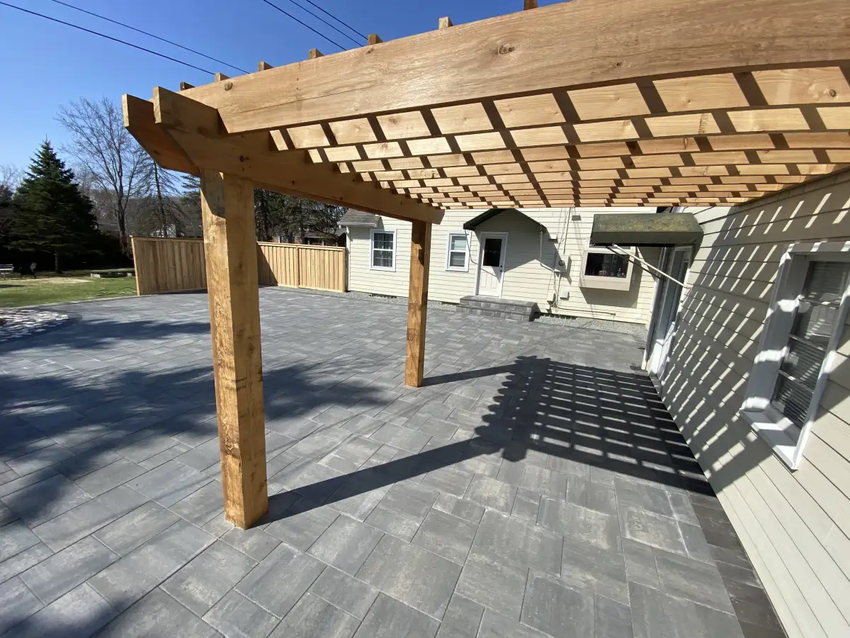 Modern pergola structure with integrated lighting and fan