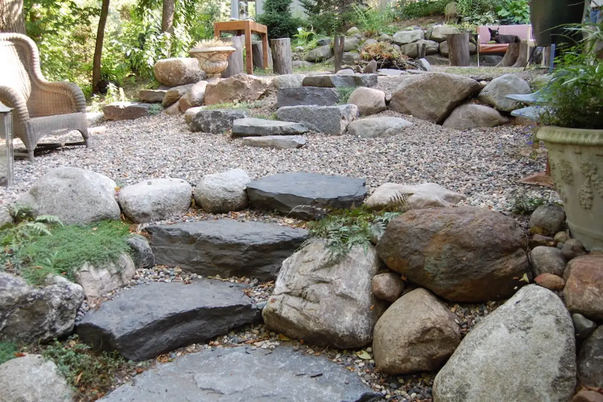 Natural stone steps with boulder accents