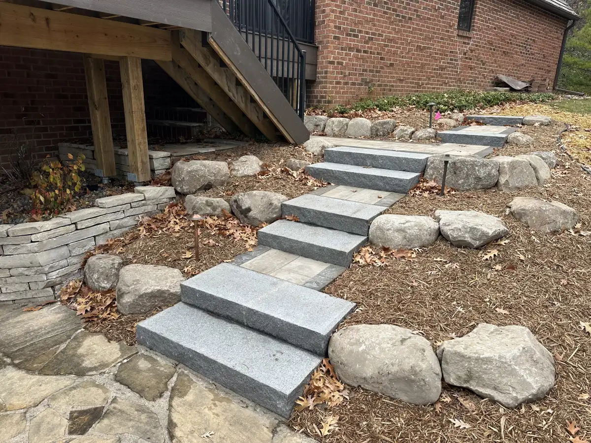 Curved stone steps through terraced hillside landscape